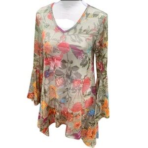 Dor Dor Couture Floral Mesh Tunic Top Small Bell Sleeve Asymmetrical Boho Sheer